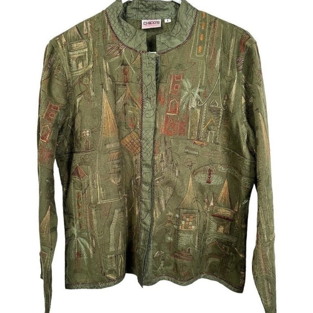 Chicos Olive Green Embroidered Landscape Art Jacket Size‎ 1 Architecture